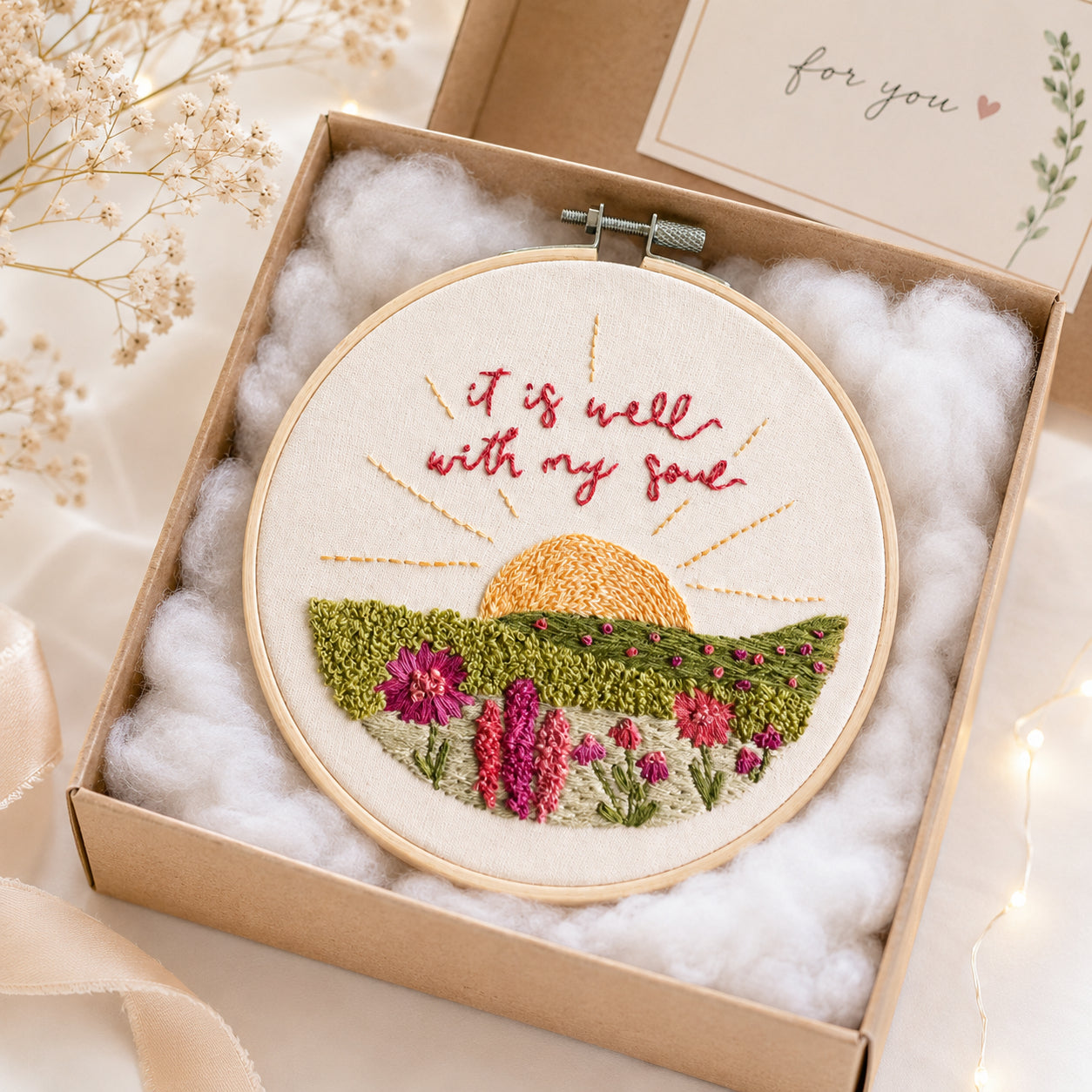 Floral Sunset Landscape Embroidery Hoop Art, Christian Bible Flower Embroidery Hoop Art, Wall Decor, Hand Embroidered Flower Wreath, Wheatear Embroidery Hoop EH07