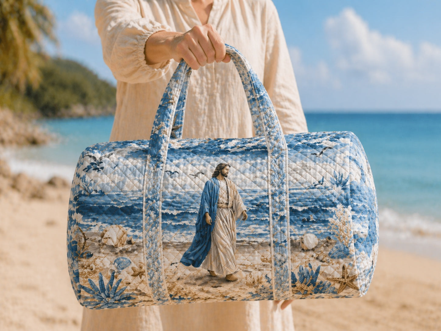 Jesus Beach Quilted Duffle Bag, Jesus Ocean Faith Weekender Travel Bag, Beach Duffle Bag, Jesus With Sheep Travel Overnight Bag, Religious Quilted Bag Gift QDB15