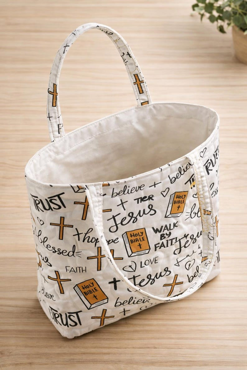 Christian Bible Verse Quilted Tote Bag, Jesus Faith Cross and Holy Bible Shoulder Bag, Religious Gift for Women QTTB16