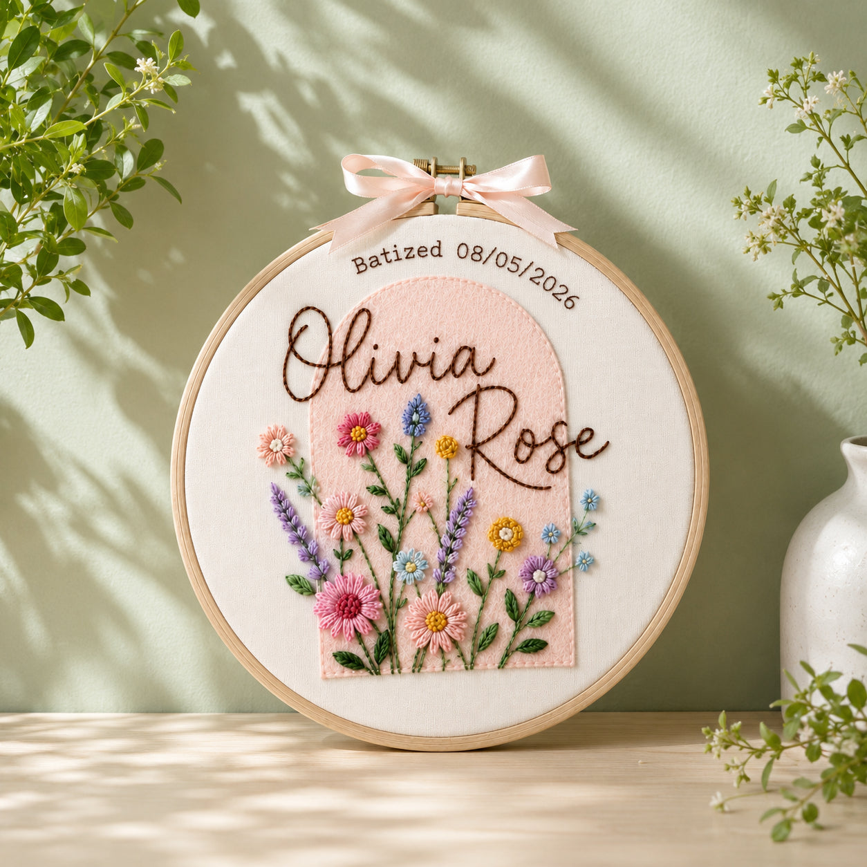 Personalized Hand Embroidered Baptism Hoop Art, Wildflower With Felt Hoop, Christian Faith Keepsake, Christian Hoop Art, Nursery Gift EHA43