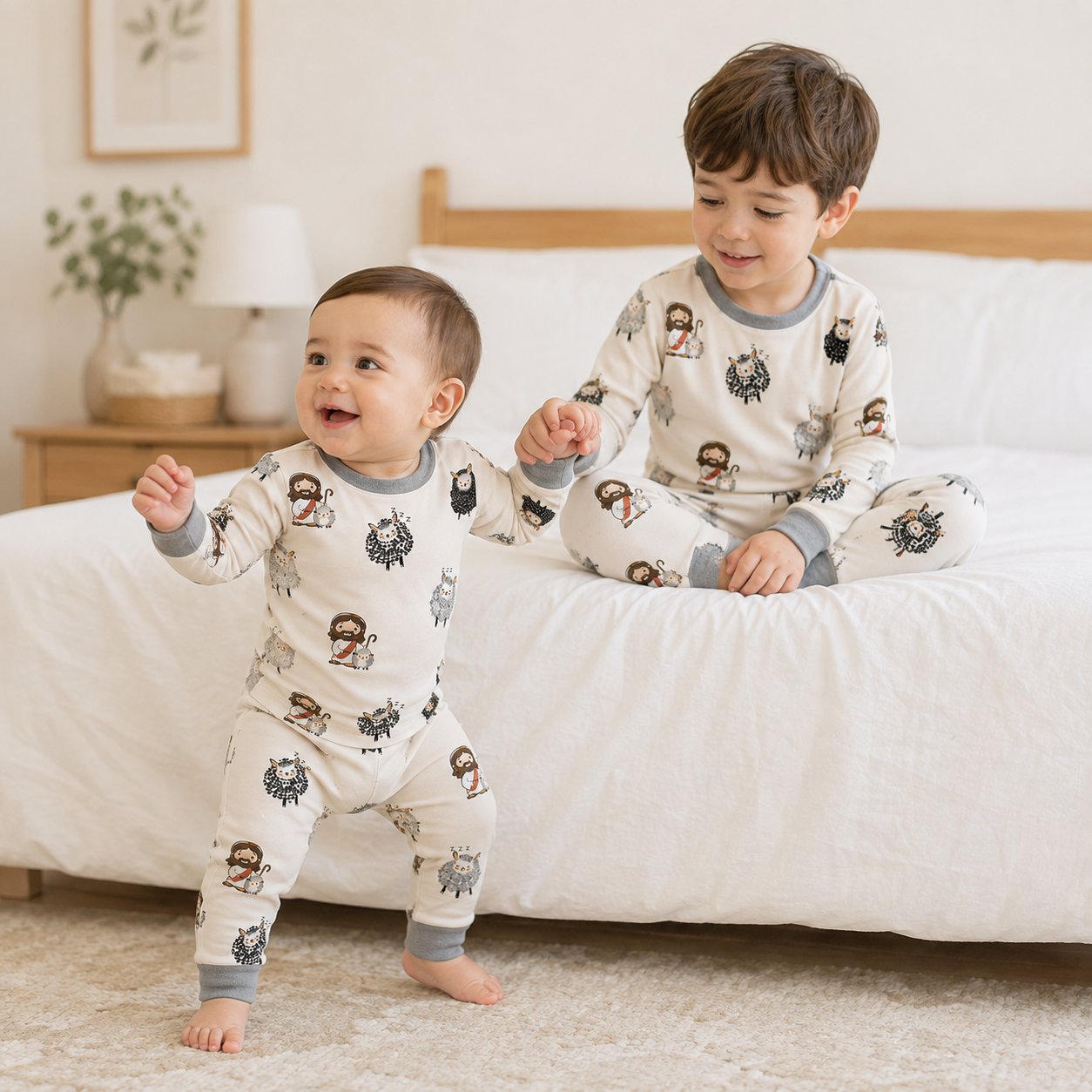 Jesus and Sheep Bamboo Baby Kids Pajamas Set, Good Shepherd Christian PJs, Religious Toddler Sleepwear, Faith Gift for Kids BBPJSS13