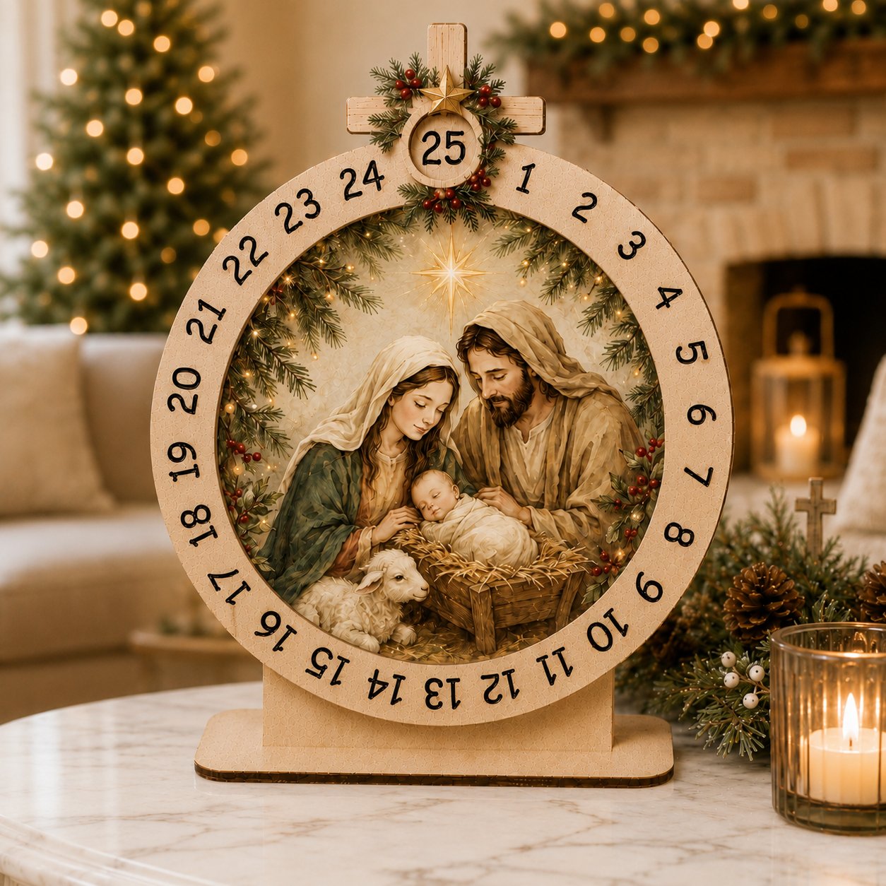 Wooden Holy Family Advent Calendar, Nativity Scene Wooden Sign, Custom Tabletop Religious Gift, Spinning Wheel Christmas Countdown Decor, Religious Christian Christmas Gift XMASW11