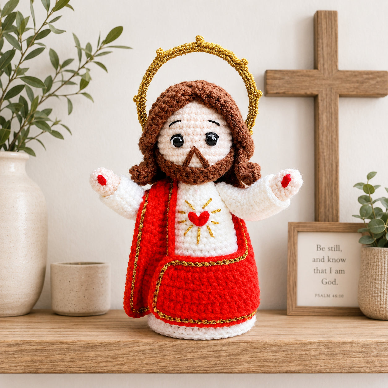 Handmade Sacred Heart Jesus Crochet Doll – Catholic Amigurumi Religious Figurine with Red Robe and Halo, Christian Prayer Corner Decor, First Communion and Baptism Gift Sacrament Keepsake CR11