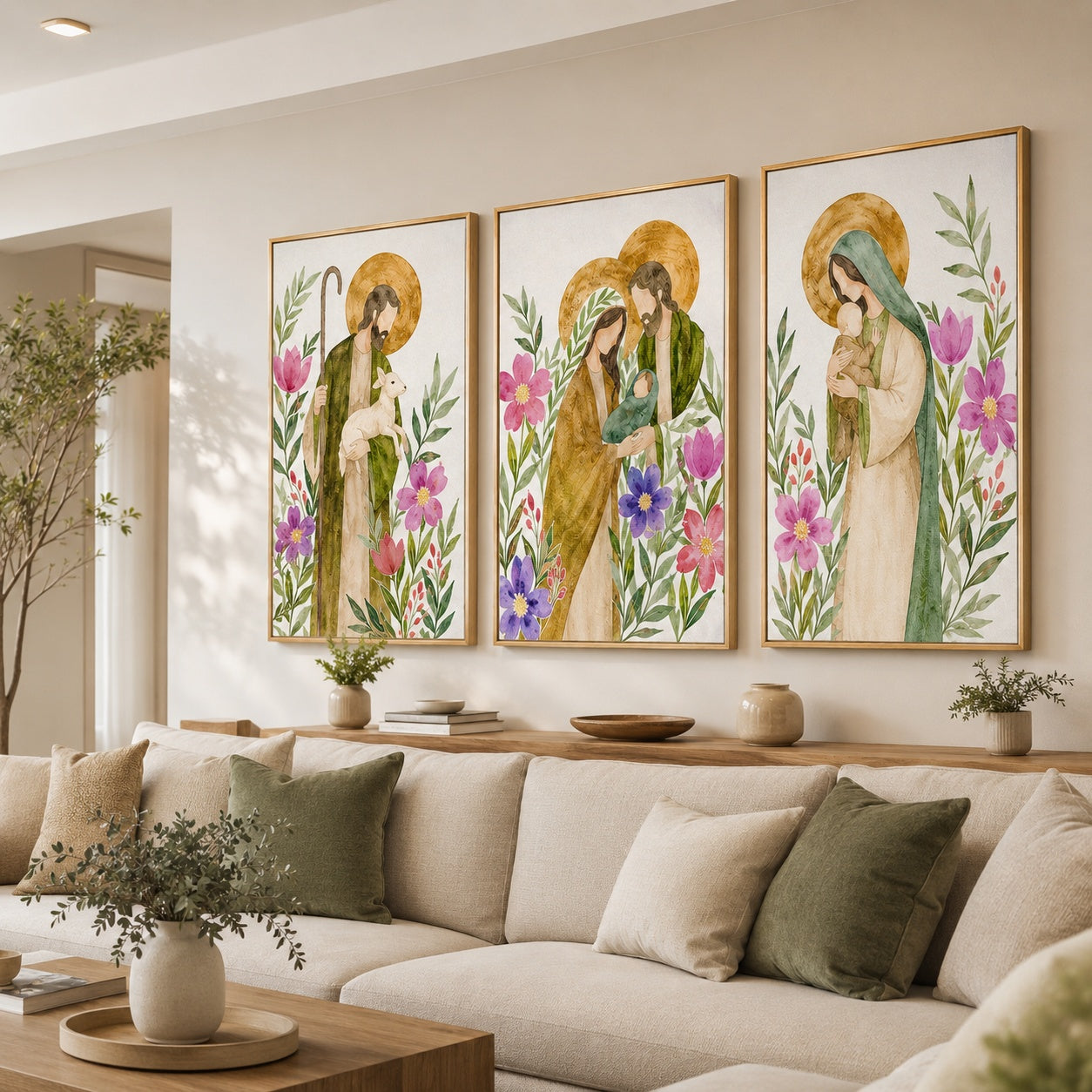Set of 3 Holy Family Poster, Jesus Mary and Joseph Floral Print, Catholic Holy Family, Christian Religious Artwork for Prayer Room and Living Room PTSETA14