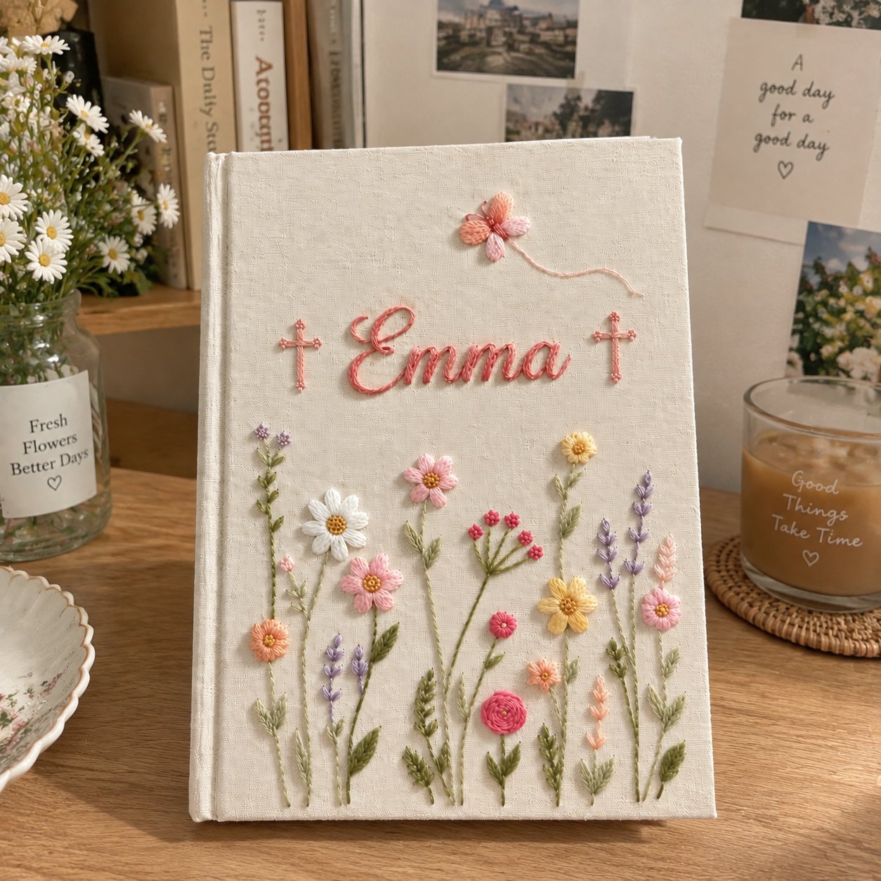 Personalized Christian Embroidery Notebook, Emma Name Bible Journal, Floral Cross Linen Journal, Handmade Prayer Notebook, Faith Gift NB17
