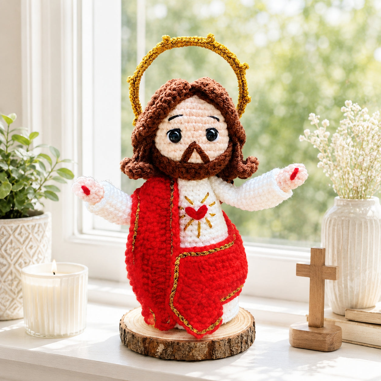 Handmade Sacred Heart Jesus Crochet Doll – Catholic Amigurumi Religious Figurine with Red Robe and Halo, Christian Prayer Corner Decor, First Communion and Baptism Gift Sacrament Keepsake CR11