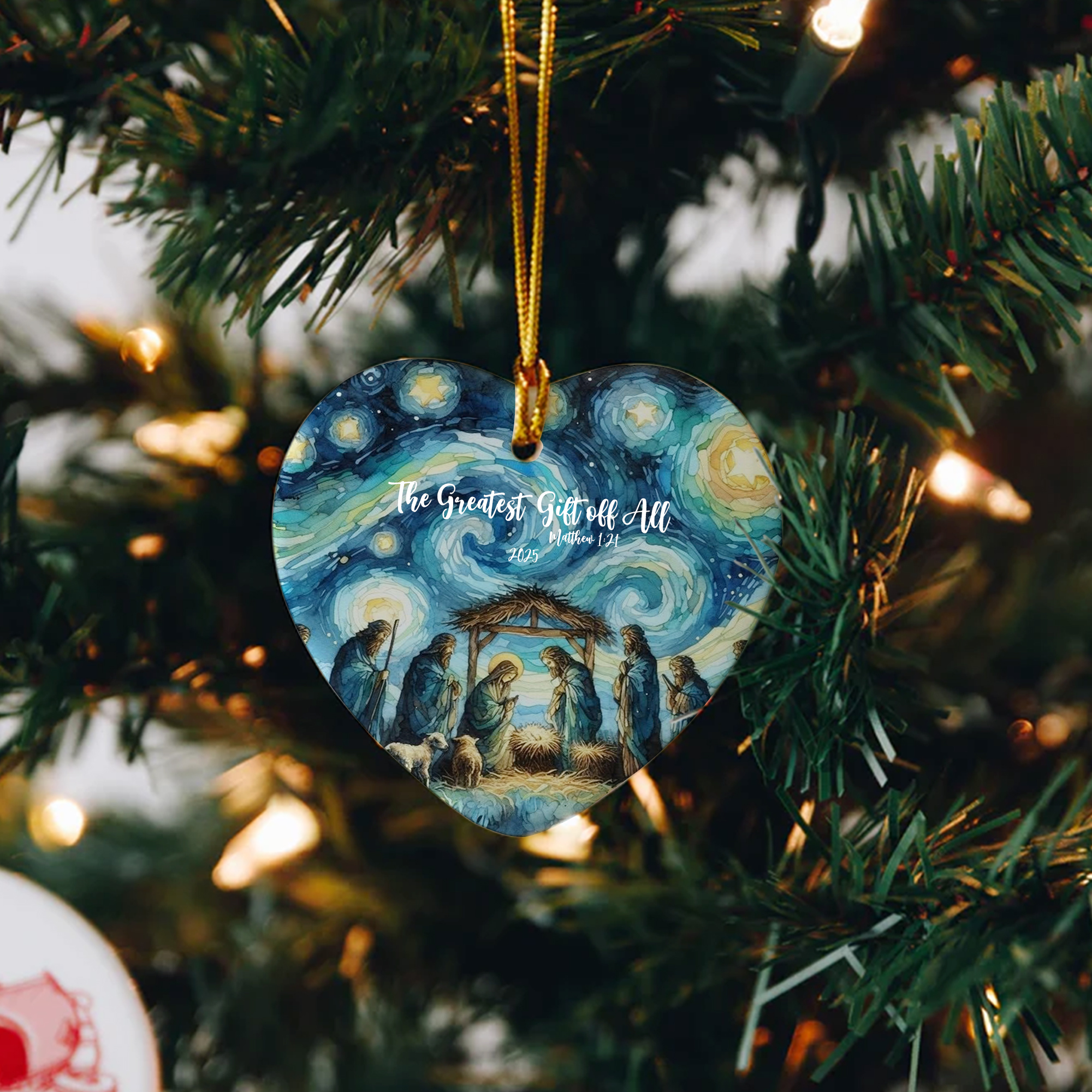 Starry Night Nativity Scene Christmas Ornament, The Greatest Gift of All Matthew 1:21, Holy Family Ornament, Christian Holiday Decoration DCLAF40