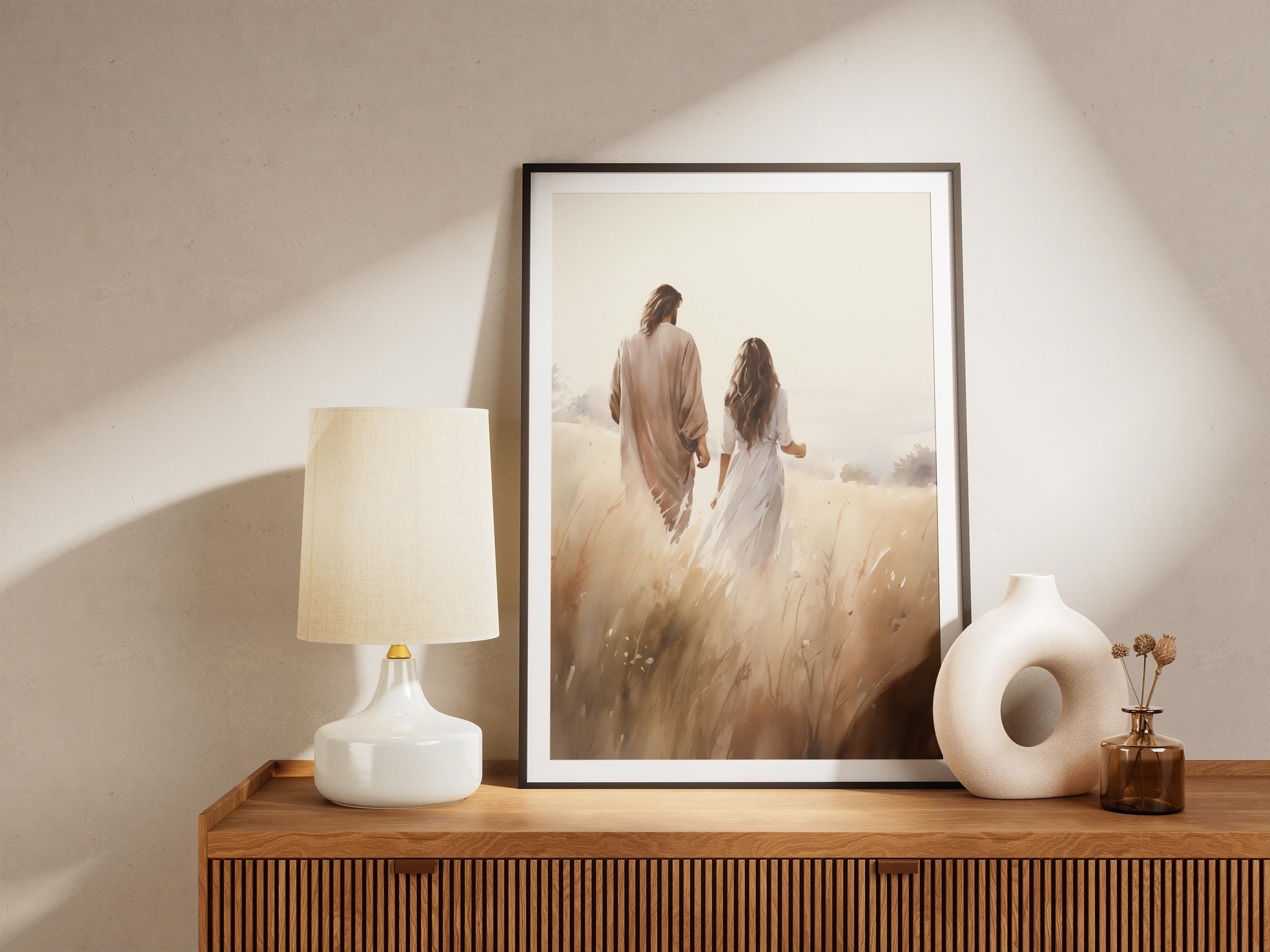 Jesus Walking With A Woman Poster, Jesus Christ Poster, Jesus with Woman, Bible Art Poster
