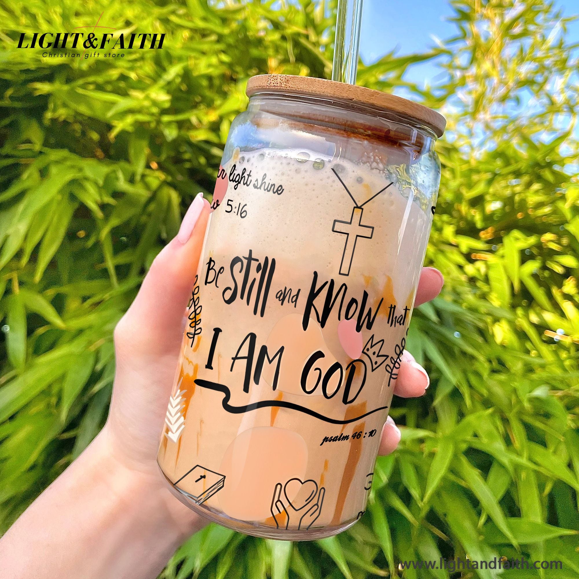Christian Glass Can with Bamboo Lid and Straw, Be Still and Know I Am God Psalm 46:10 Cup, Scripture Iced Coffee Tumbler Gift GCLAF42