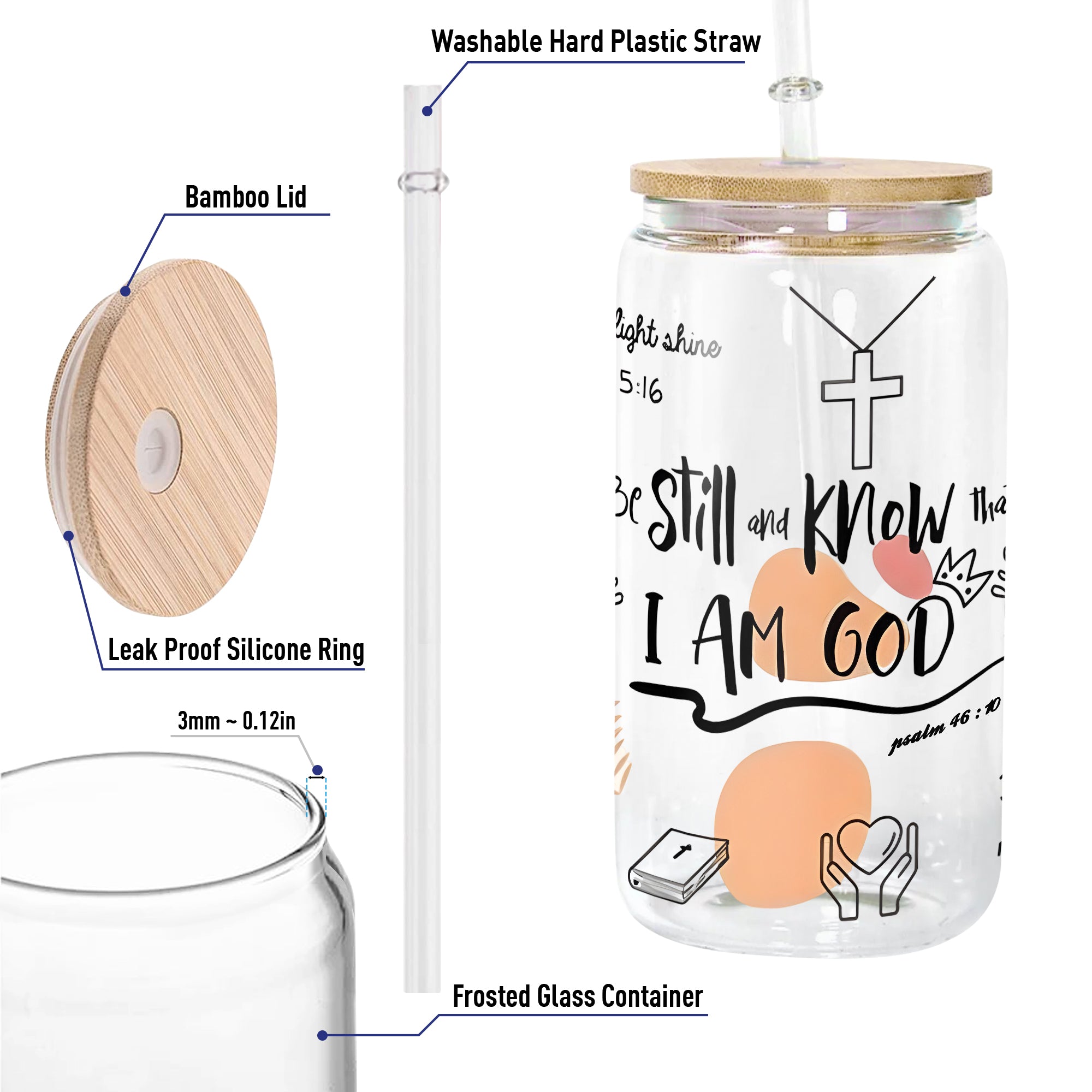 Christian Glass Can with Bamboo Lid and Straw, Be Still and Know I Am God Psalm 46:10 Cup, Scripture Iced Coffee Tumbler Gift GCLAF42