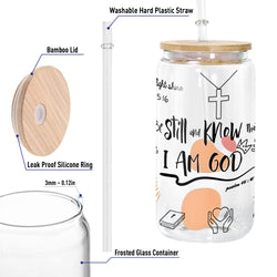 Christian Glass Can with Bamboo Lid and Straw, Be Still and Know I Am God Psalm 46:10 Cup, Scripture Iced Coffee Tumbler Gift GCLAF42