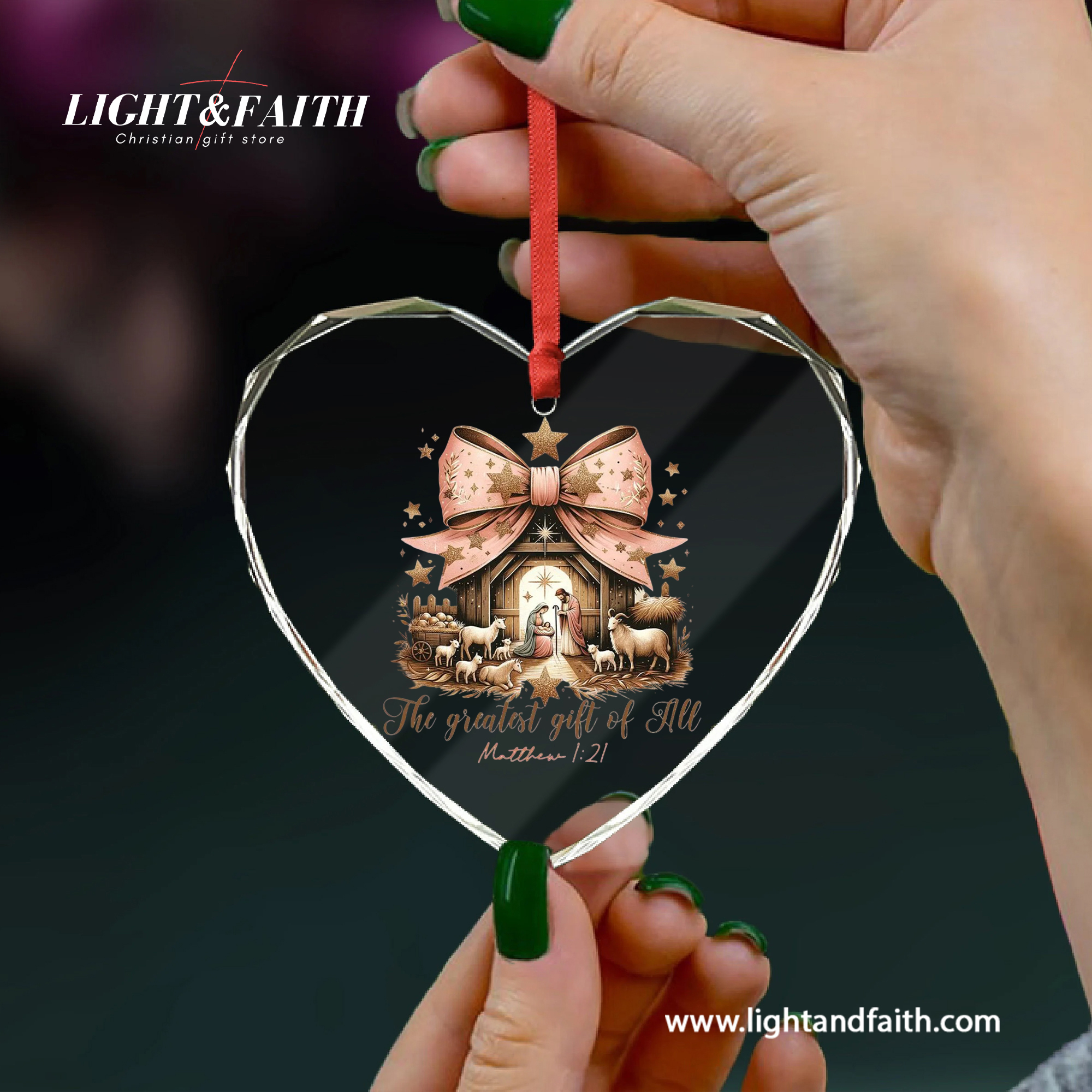 The Greatest Gift of All Pink Bow Ornament, Matthew 1:21 Nativity Scene Ornament, Holy Family Christmas Decor, Christian Faith Gift, Religious Tree Decoration DCLAF64