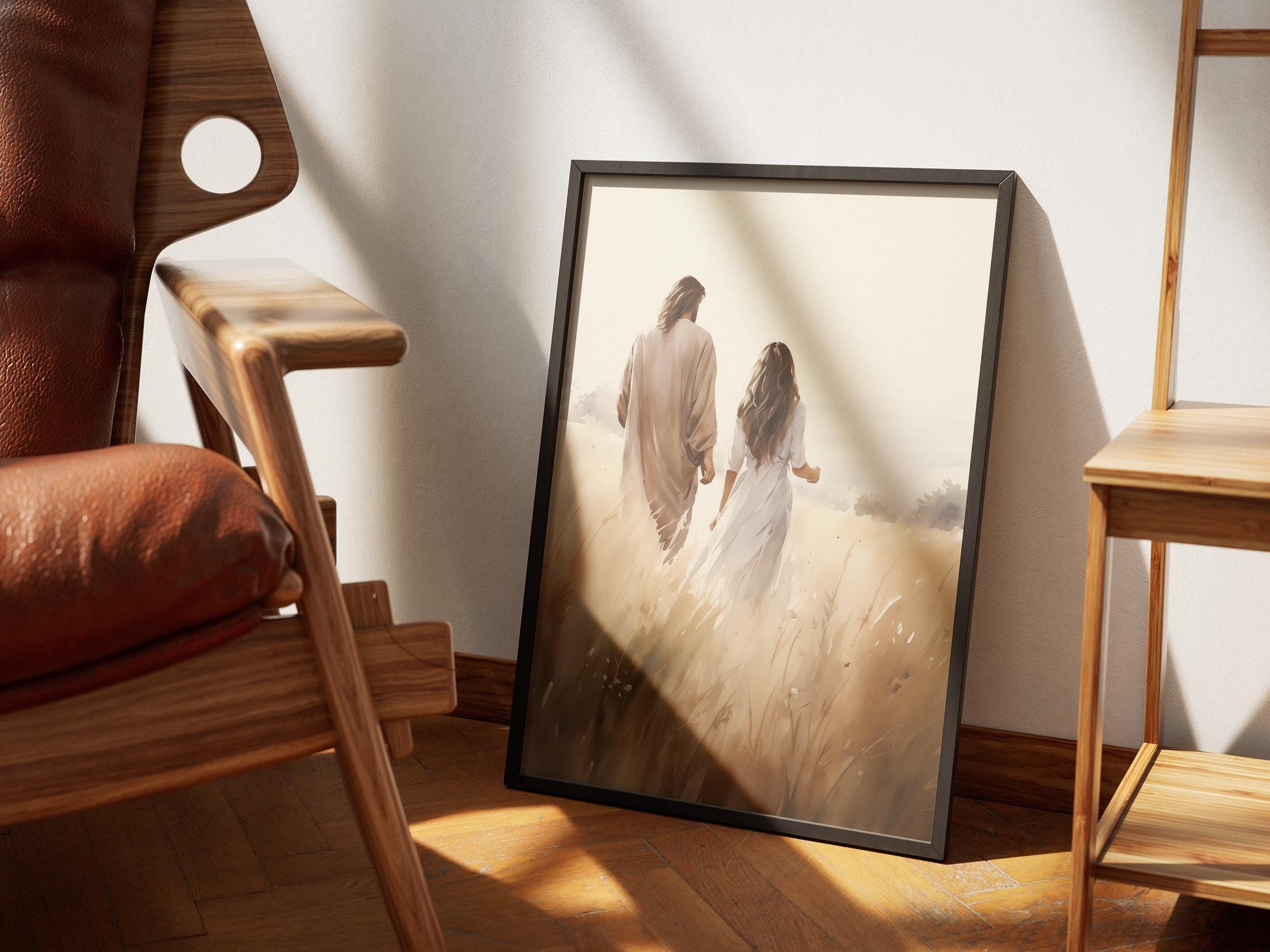 Jesus Walking With A Woman Poster, Jesus Christ Poster, Jesus with Woman, Bible Art Poster