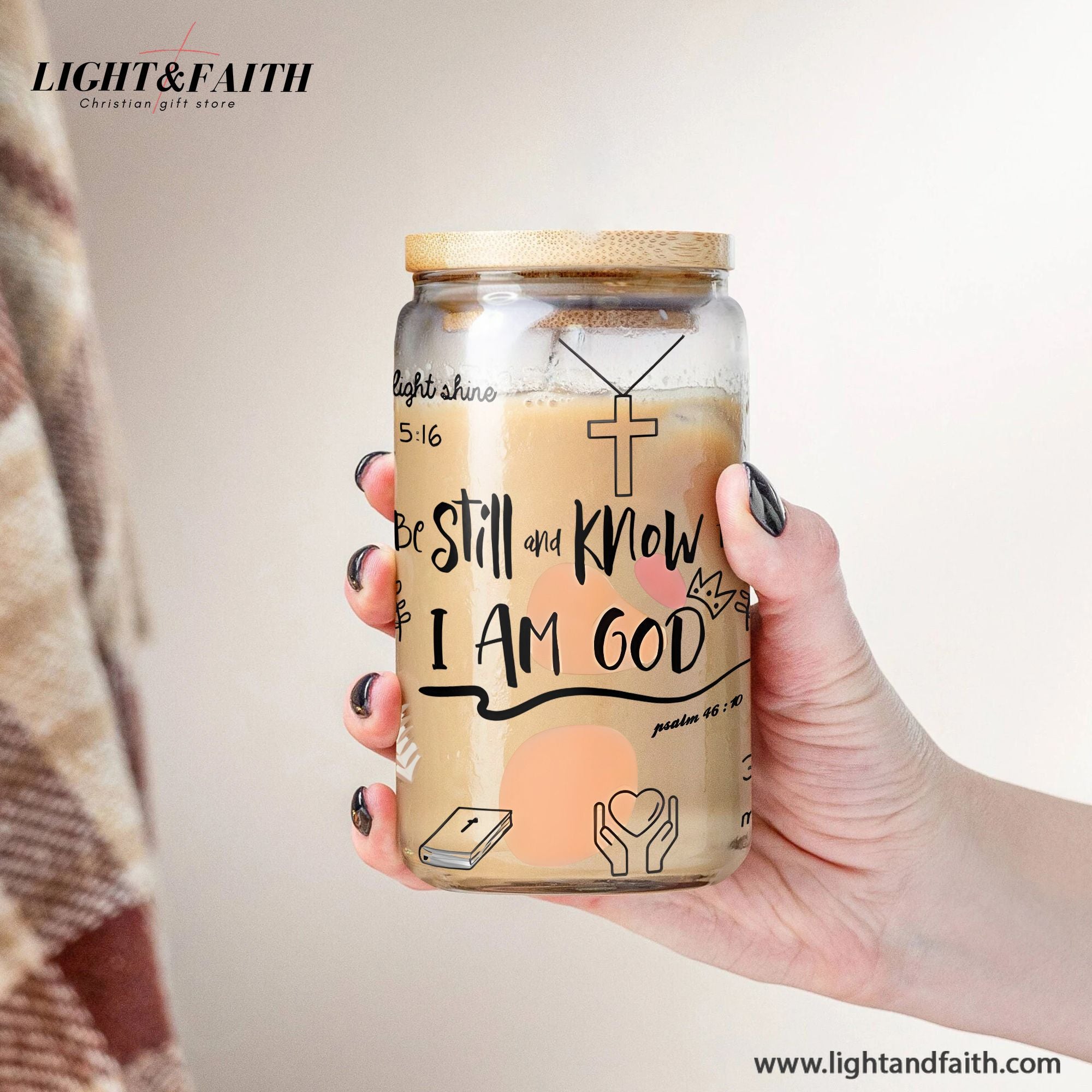 Christian Glass Can with Bamboo Lid and Straw, Be Still and Know I Am God Psalm 46:10 Cup, Scripture Iced Coffee Tumbler Gift GCLAF42
