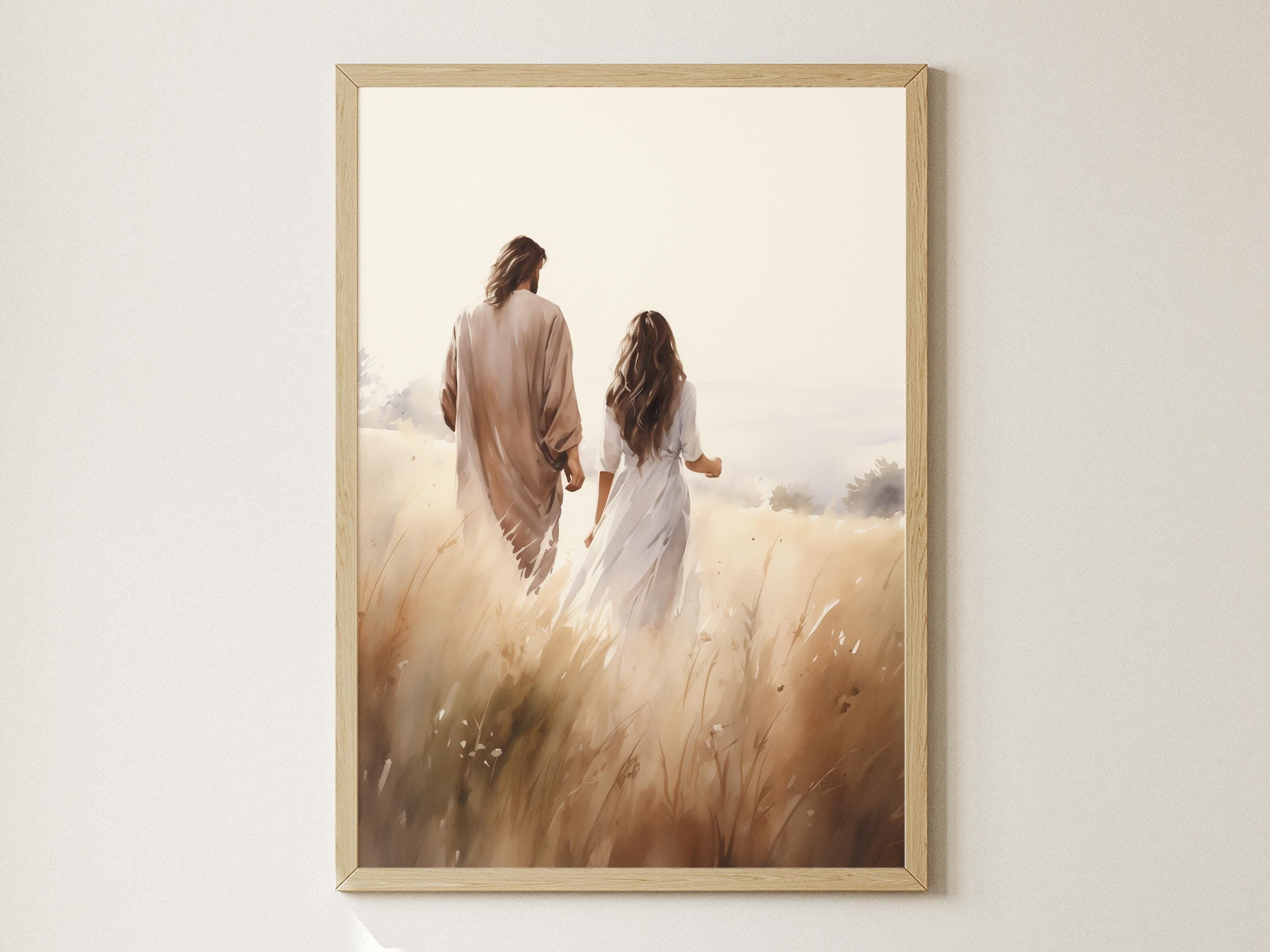 Jesus Walking With A Woman Poster, Jesus Christ Poster, Jesus with Woman, Bible Art Poster