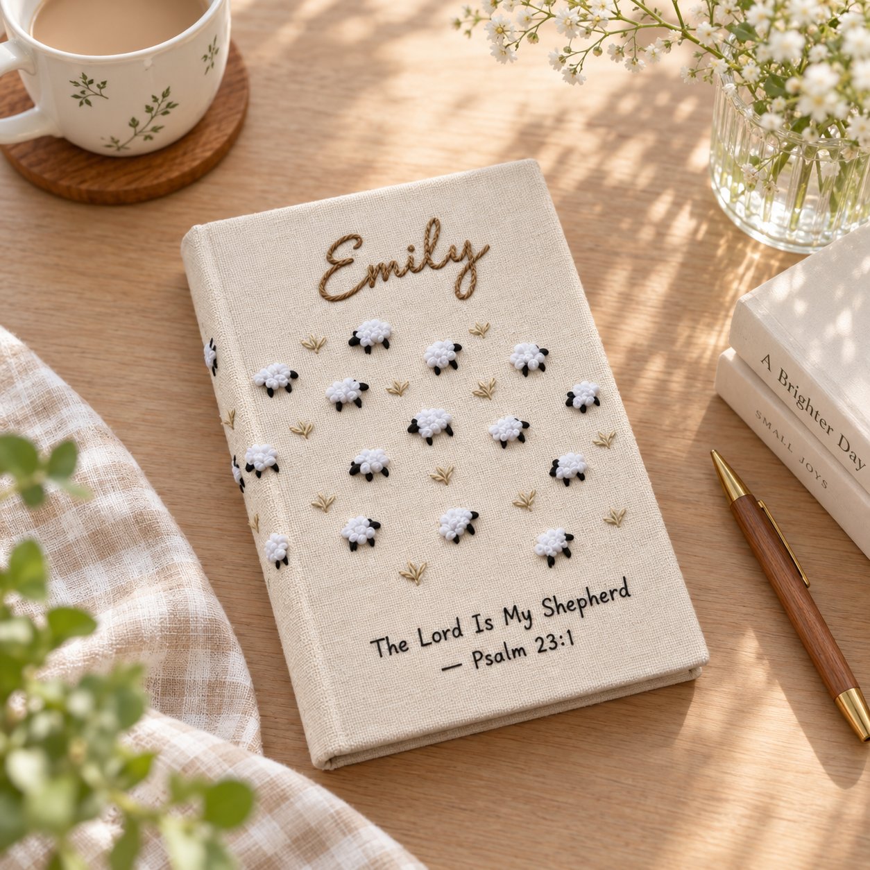 Personalized Sheep Hand-Embroidery Journal, Psalm 23 Bible Notebook, The Lord Is My Shepherd Journal, Christian Linen Gift, Prayer Notebook NB18