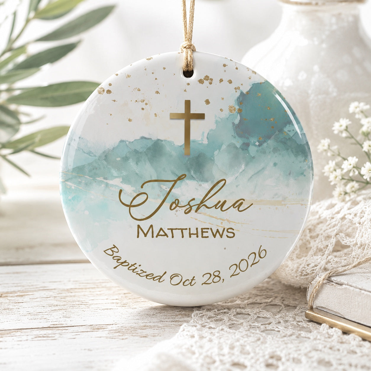 Personalized Baptism Ceramic Ornament, Custom Cross Christening Keepsake, Watercolor Blue Christian Ornament, Name and Date Baby Baptism Gift CRMO16