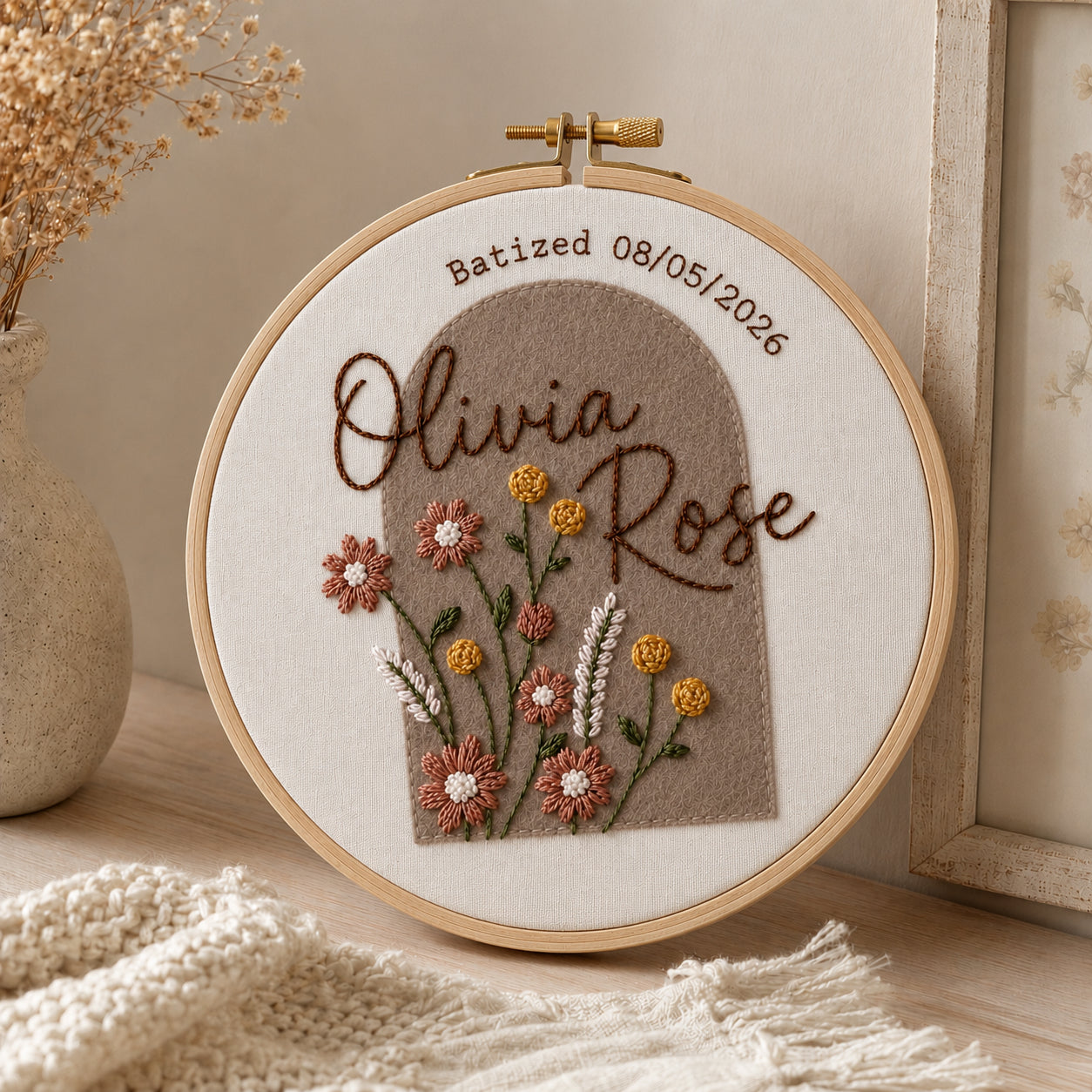 Personalized Hand Embroidered Baptism Hoop Art, Wildflower With Brown Felt Hoop, Christian Faith Keepsake, Christian Hoop Art, Nursery Gift EHA44