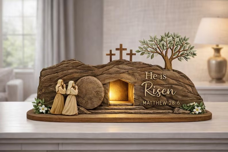 He Is Risen Easter Wooden Decor , Christian Empty Tomb Cross Table Sign, Matthew 28:6 Scripture, Religious Resurrection Shelf Display, Faith Home Decor