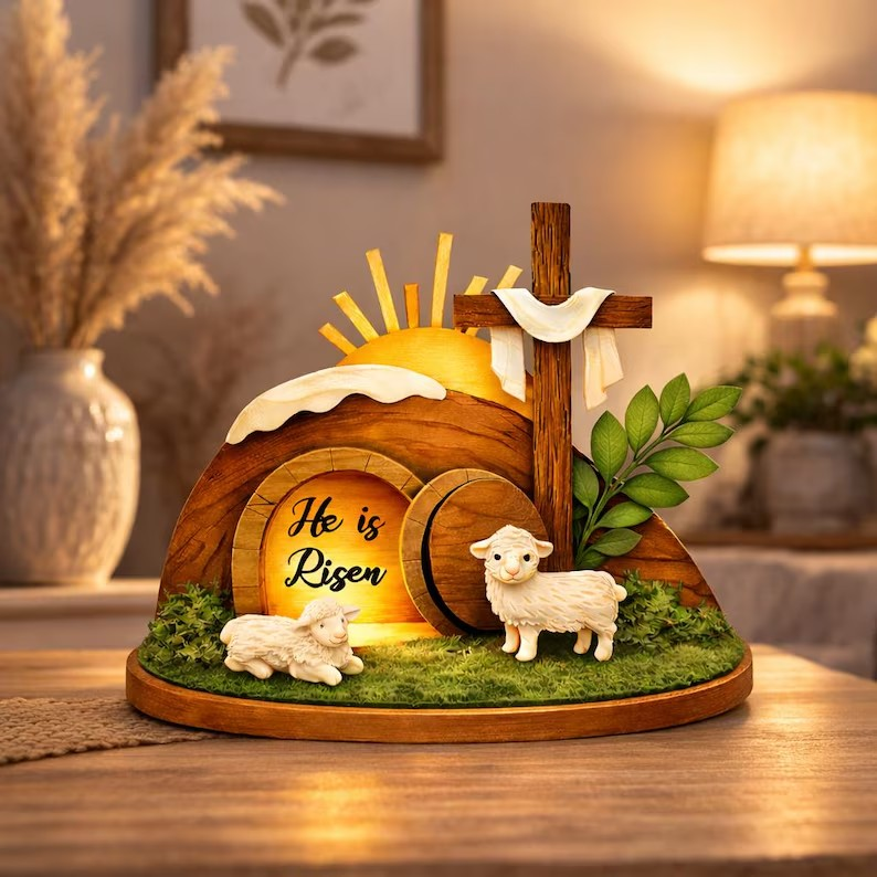 He Is Risen Easter Wooden Decor, Empty Tomb Scene, Christian Tabletop Display, Faith Home Shelf Art