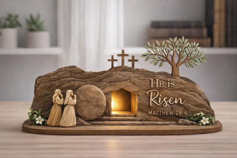 He Is Risen Easter Wooden Decor , Christian Empty Tomb Cross Table Sign, Matthew 28:6 Scripture, Religious Resurrection Shelf Display, Faith Home Decor