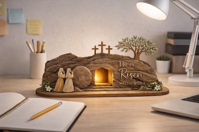 He Is Risen Easter Wooden Decor , Christian Empty Tomb Cross Table Sign, Matthew 28:6 Scripture, Religious Resurrection Shelf Display, Faith Home Decor