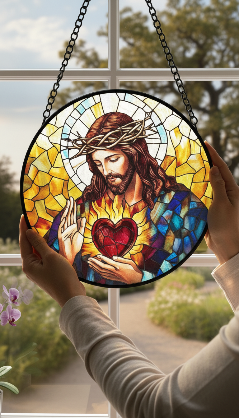 Sacred Heart Jesus Stained Glass Suncatcher, Christian Window Hanging, Religious Sun Catcher, Catholic Home Decor, Faith Gift, Bible Lover Art SCLAF25