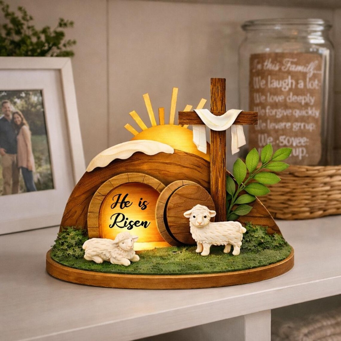 He Is Risen Easter Wooden Decor, Empty Tomb Scene, Christian Tabletop Display, Faith Home Shelf Art