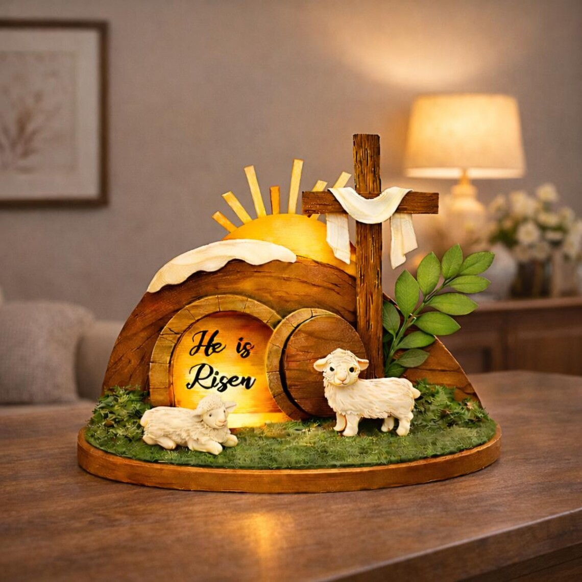 He Is Risen Easter Wooden Decor, Empty Tomb Scene, Christian Tabletop Display, Faith Home Shelf Art