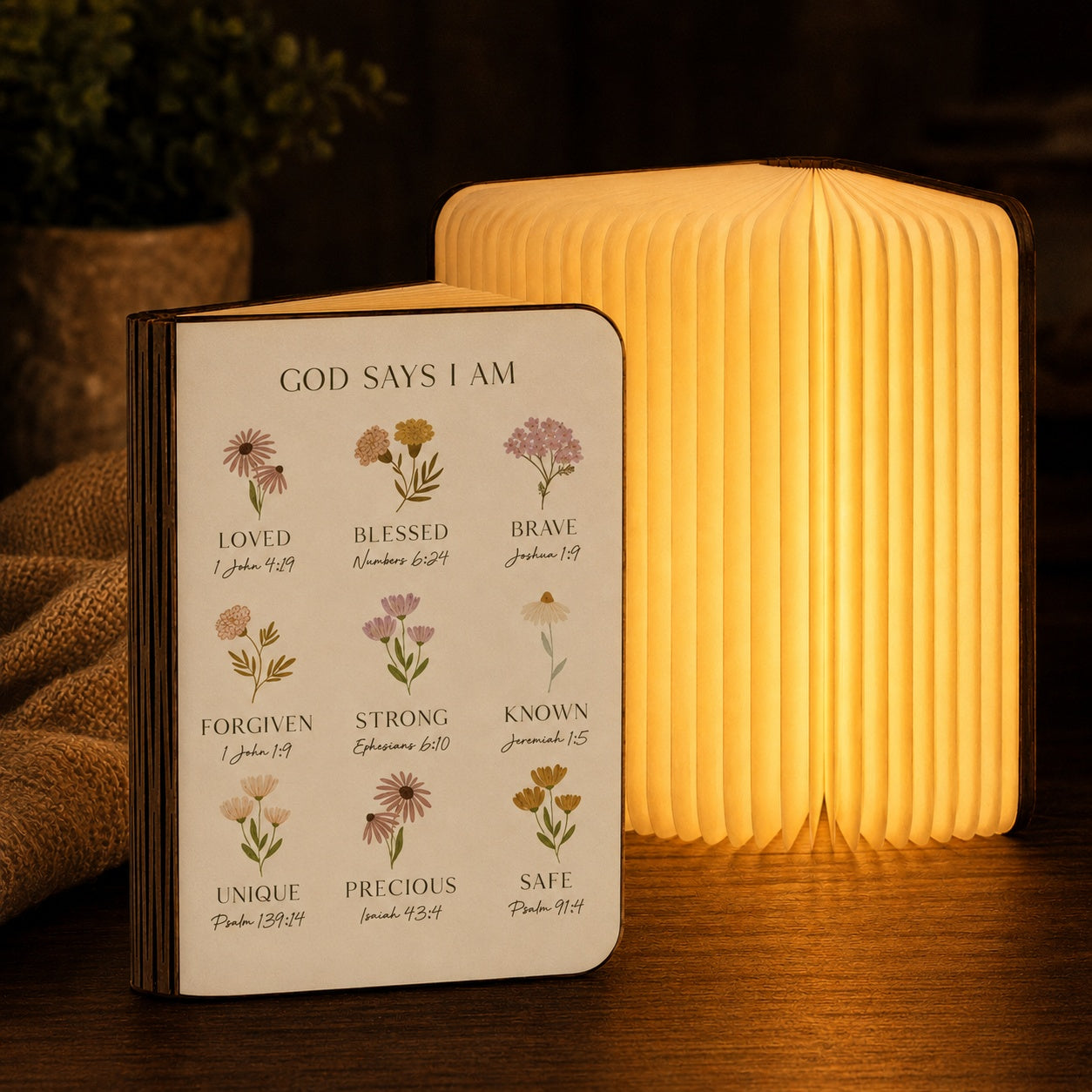 God Says I Am Book Lamp, Christian Bible Verse LED Folding Book Light, Christian Affirmation Night Light, Bible Verse Floral Decor BLLAF13