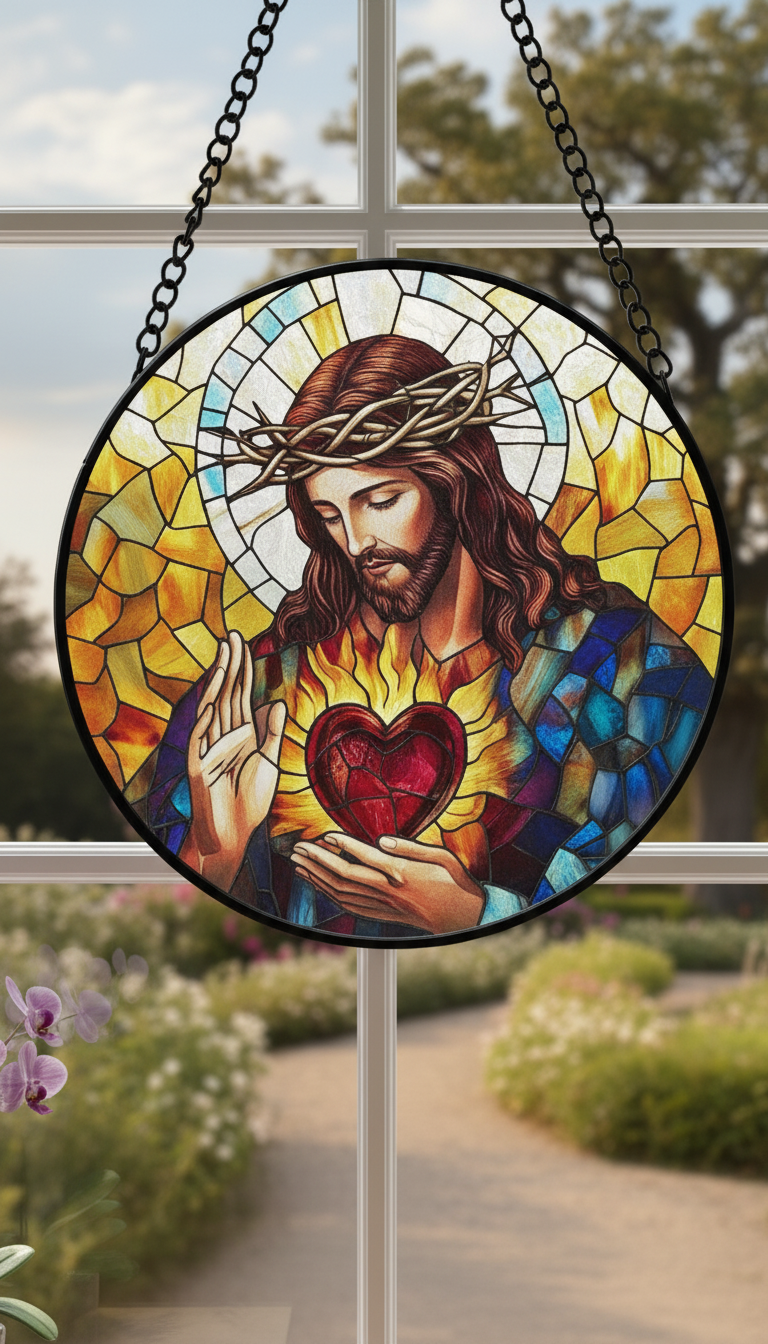 Sacred Heart Jesus Stained Glass Suncatcher, Christian Window Hanging, Religious Sun Catcher, Catholic Home Decor, Faith Gift, Bible Lover Art SCLAF25