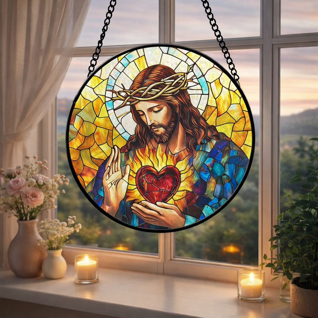 Sacred Heart Jesus Stained Glass Suncatcher, Christian Window Hanging, Religious Sun Catcher, Catholic Home Decor, Faith Gift, Bible Lover Art SCLAF25