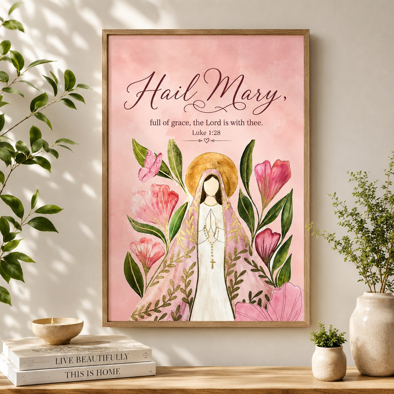 Pink Hail Mary Poster, Virgin Mary Floral Print, Catholic Family, Christian Religious Artwork for Prayer Room and Living Room PTSETA15