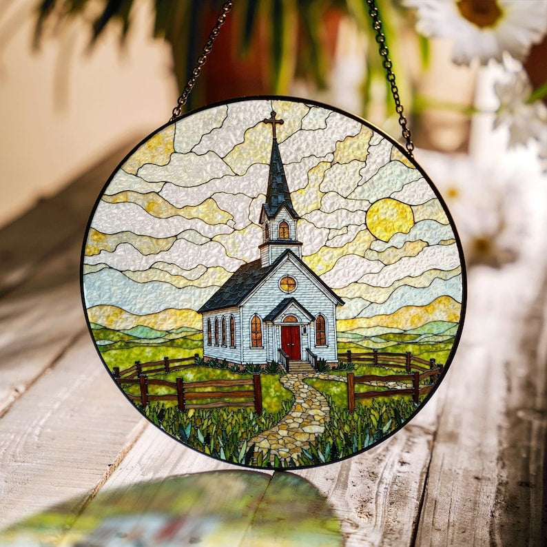 Country Church Stained Glass Suncatcher – Christian Chapel Window Hanging, Rustic Religious Faith Home Decor Gift GLASS16