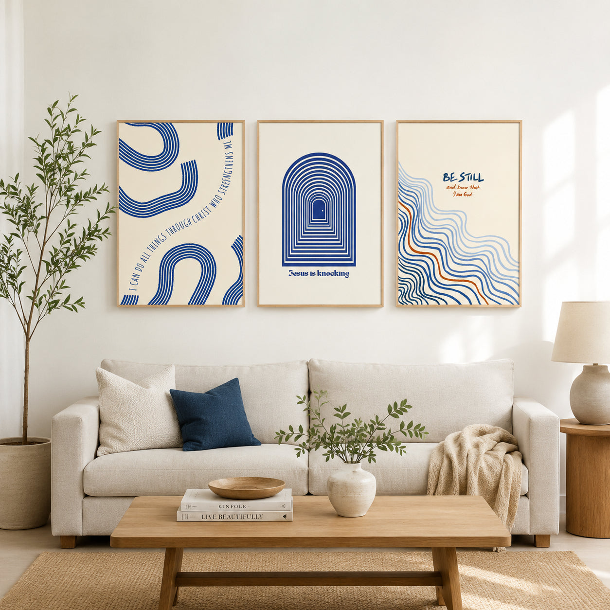 Set of 3 Philippians 4:13 and Be Still Bible Verse Posters, Christian Wall Art, Jesus Is Knocking Prints, Blue Modern Faith Home Decor PTSET10