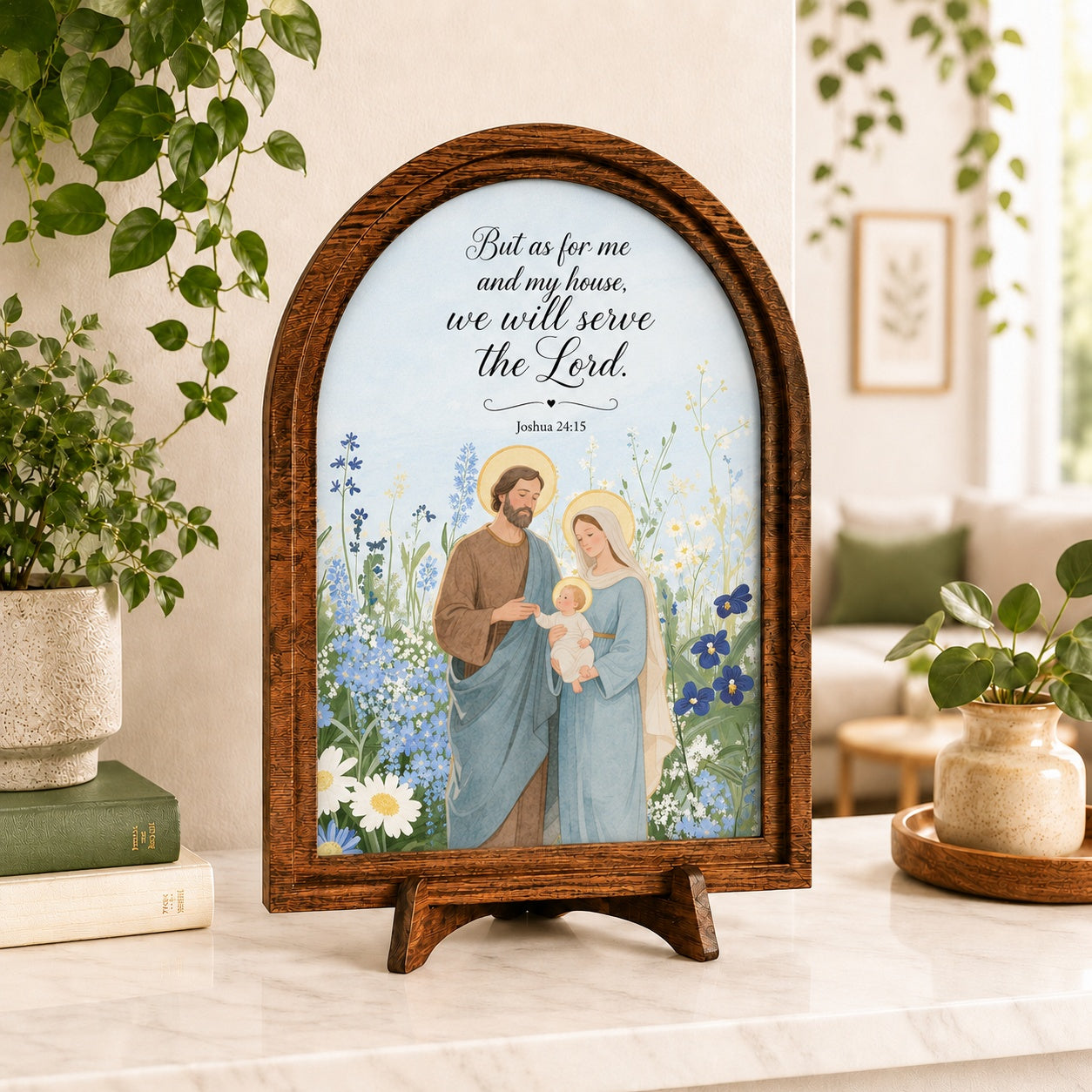 The Holy Family Wood Framed Sign, Jesus And Our Lady Wooden Sign, Religious Tabletop Decor WS16