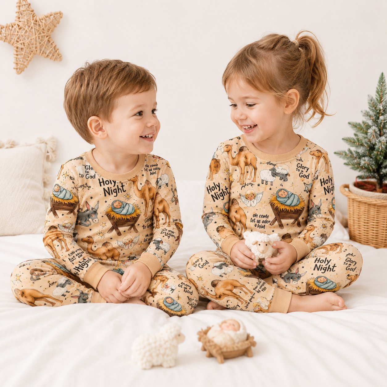 O Holy Night Nativity Bamboo Baby Kids Pajamas Set, Christian Christmas PJs, Baby Jesus Manger Toddler Holiday Sleepwear BBPJSS14