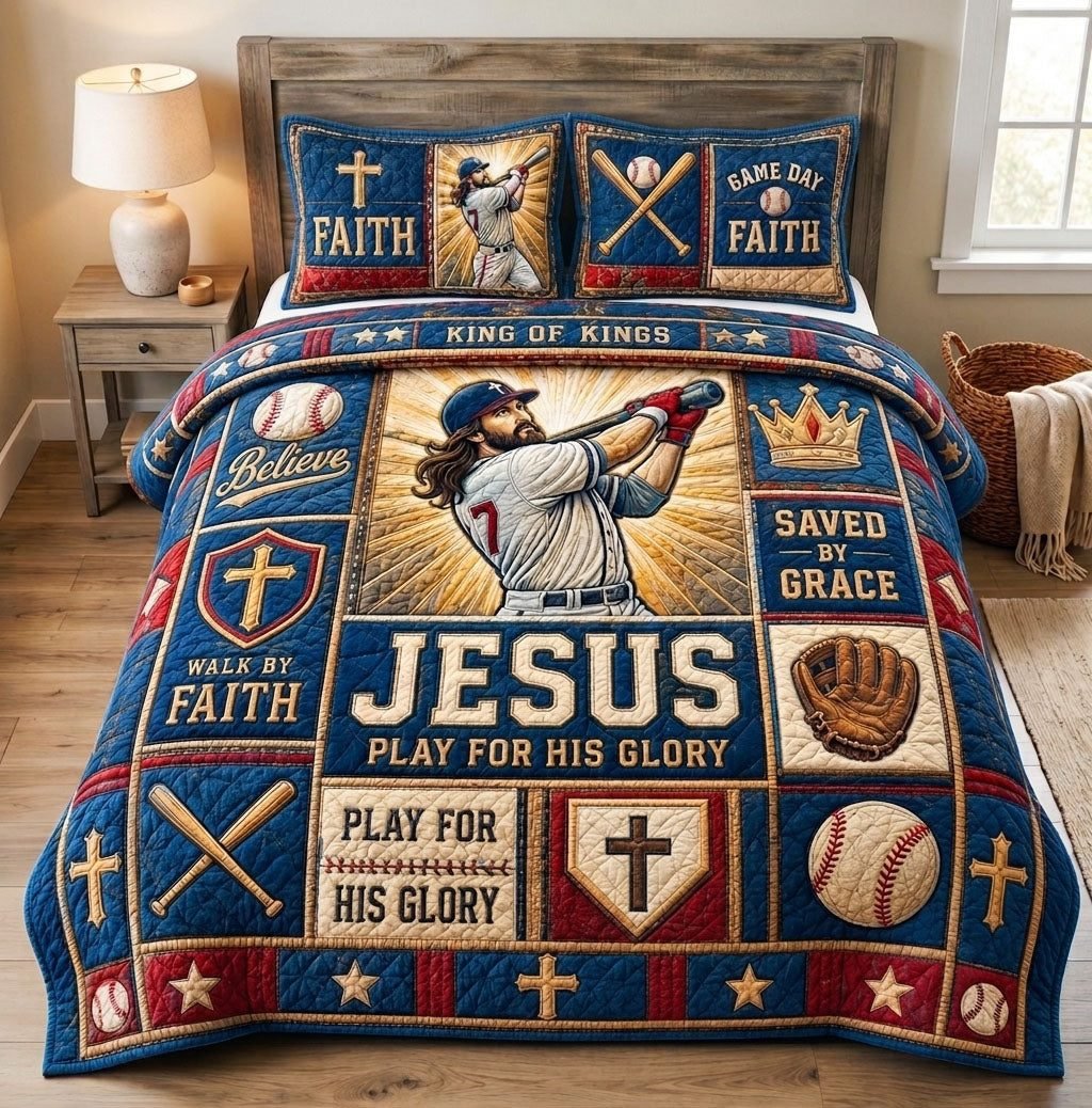 Jesus Baseball Quilted Bedding Set, Play for His Glory Quote, Navy Blue Christian Sports Print, Personalized Blanket and Pillowcases LAFBED17