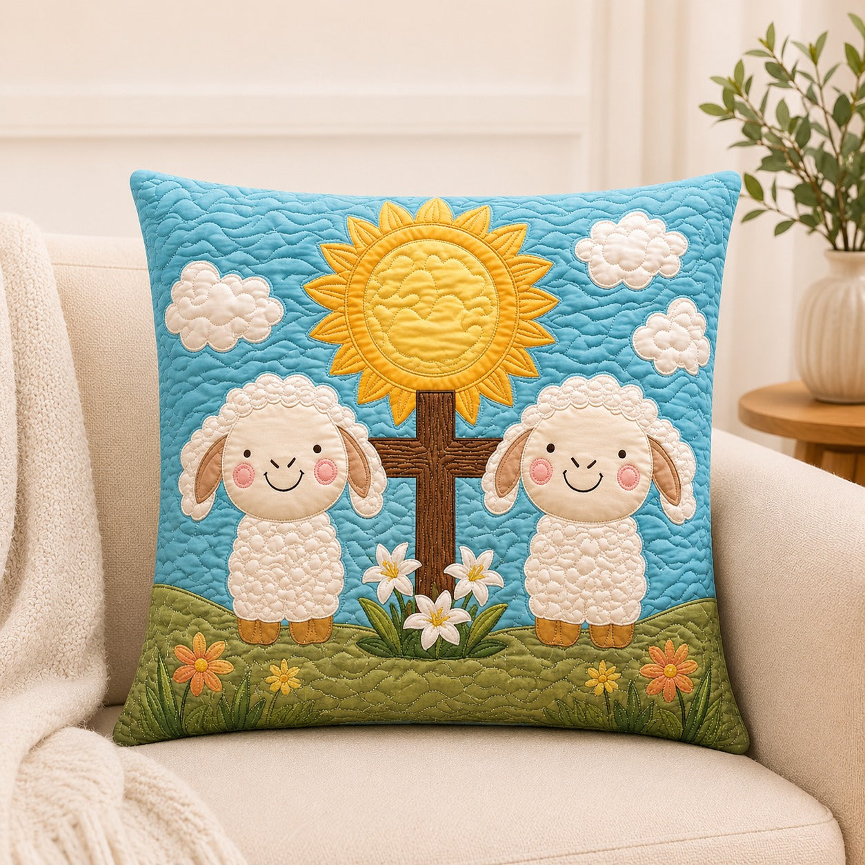 Cute Lamb Cross Quilted Pillow Case, Christian Kids Pillow Cover, Sunday School Decor, Religious Nursery Gift, Faith Home Decor QPILLOW15