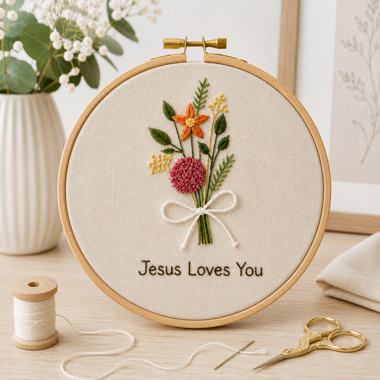 Jesus Loves You Floral Embroidery Hoop Art, Christian Bible Flower Embroidery Hoop Art, Wall Decor, Hand Embroidered Flower Wreath, Wheatear Embroidery Hoop EH06