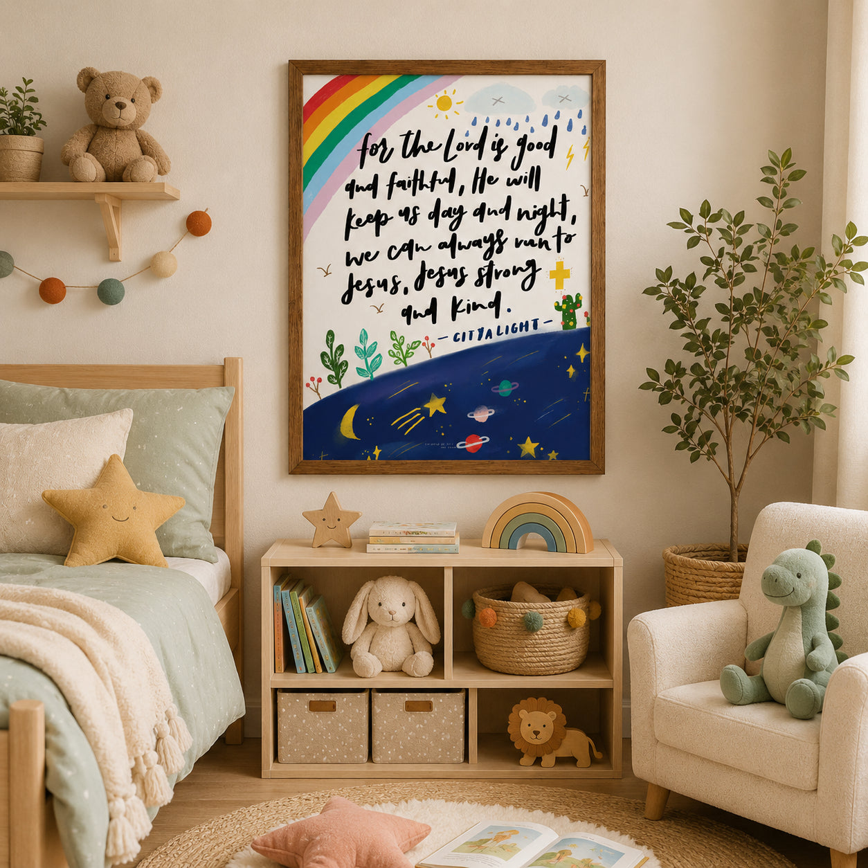 Christian Kids Bible Verse Poster, Children’s Scripture Wall Art Print, Rainbow Faith Nursery Decor, Jesus Loves Me Religious Gift PTS16