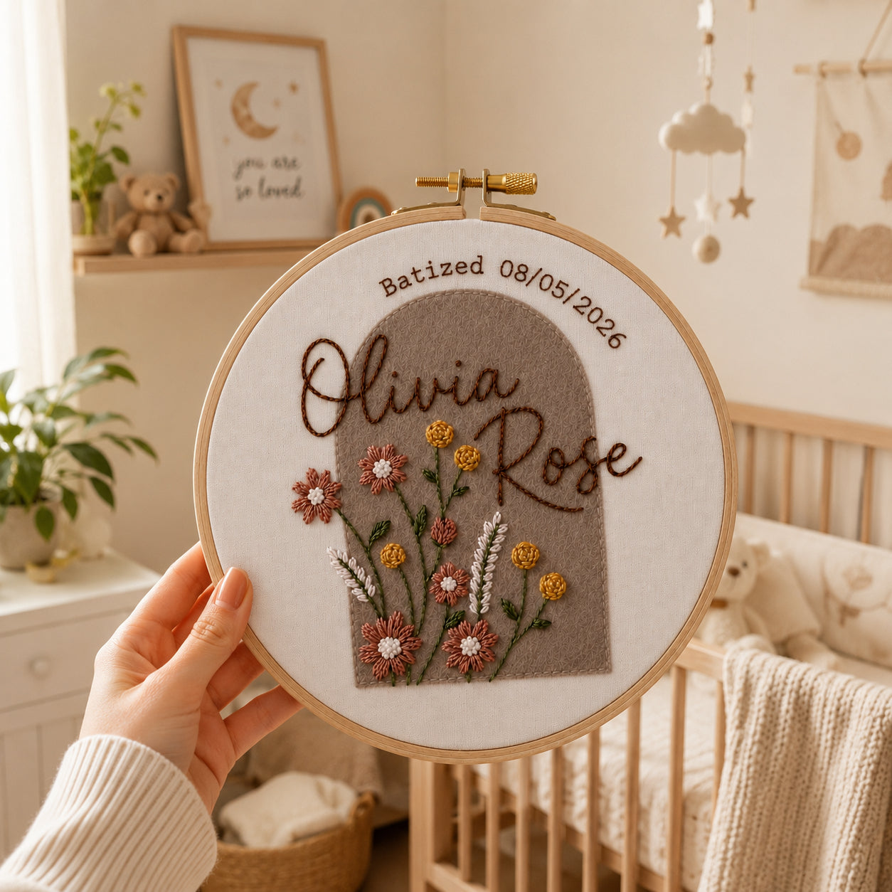 Personalized Hand Embroidered Baptism Hoop Art, Wildflower With Brown Felt Hoop, Christian Faith Keepsake, Christian Hoop Art, Nursery Gift EHA44