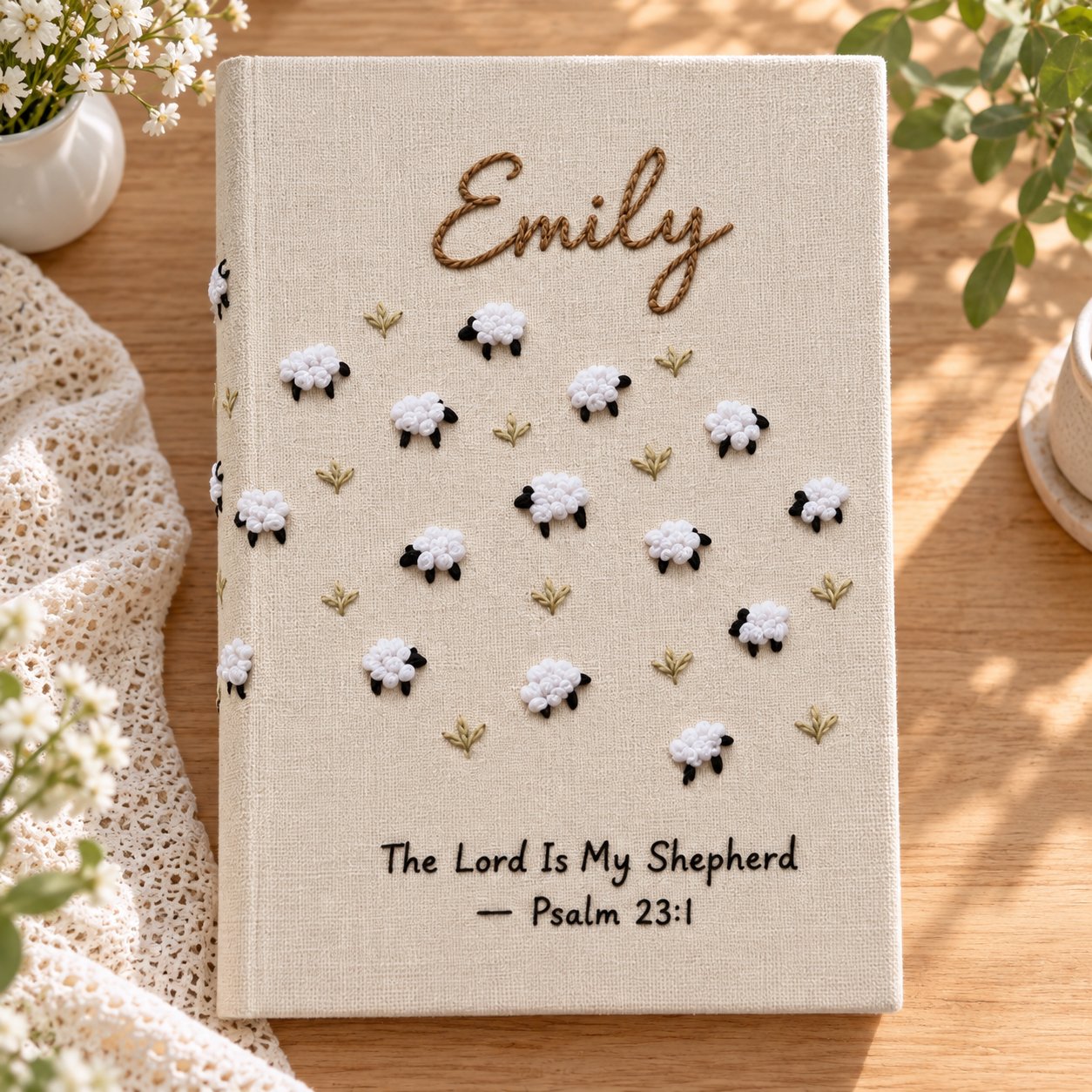 Personalized Sheep Hand-Embroidery Journal, Psalm 23 Bible Notebook, The Lord Is My Shepherd Journal, Christian Linen Gift, Prayer Notebook NB18