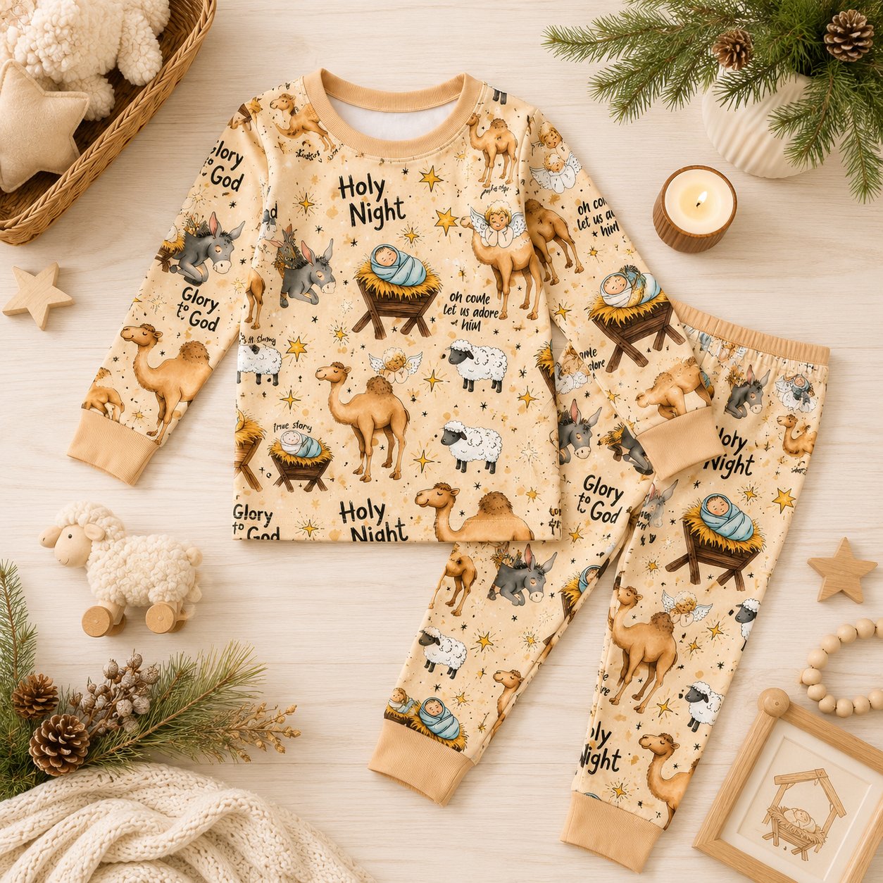 O Holy Night Nativity Bamboo Baby Kids Pajamas Set, Christian Christmas PJs, Baby Jesus Manger Toddler Holiday Sleepwear BBPJSS14