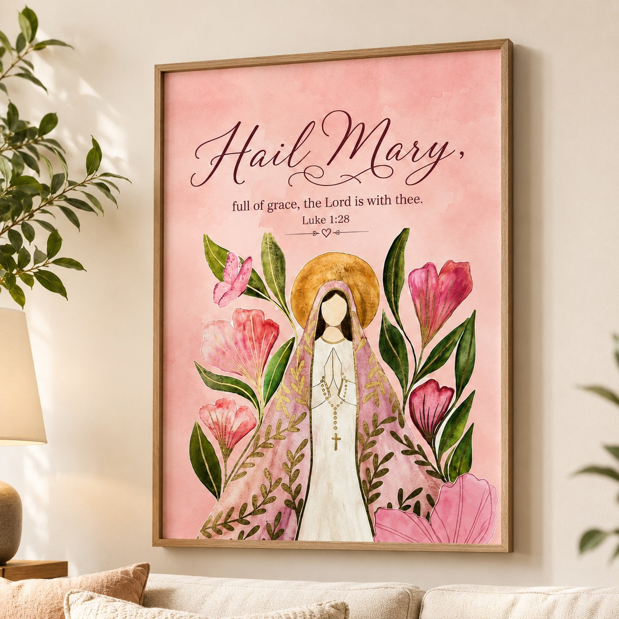 Pink Hail Mary Poster, Virgin Mary Floral Print, Catholic Family, Christian Religious Artwork for Prayer Room and Living Room PTSETA15