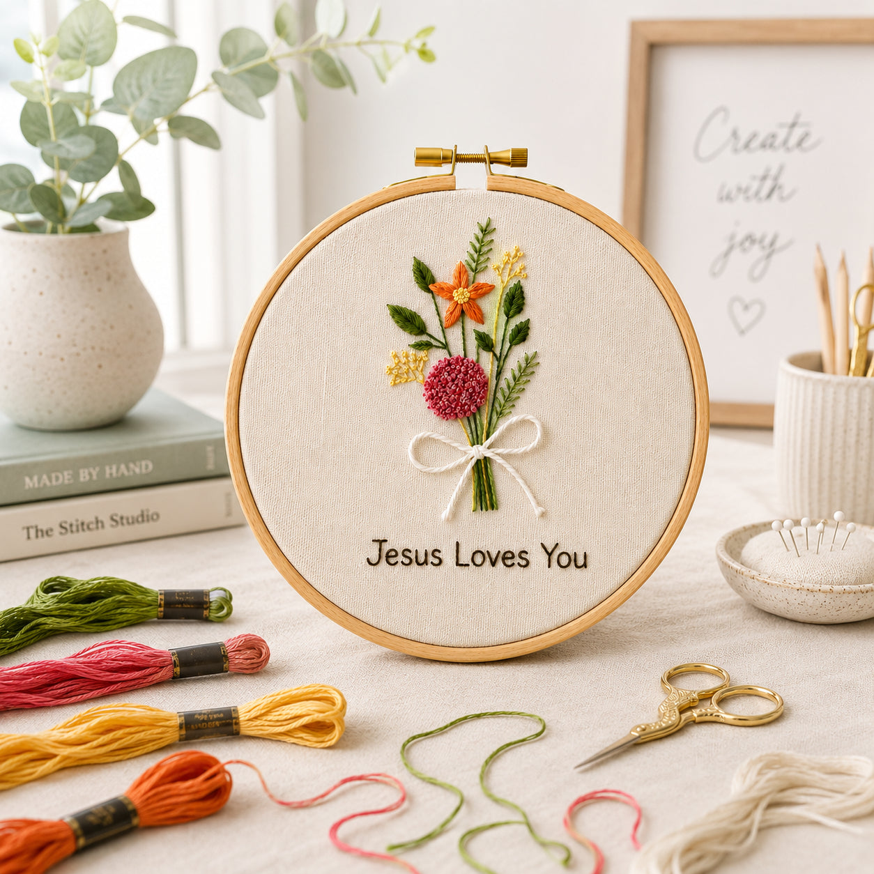 Jesus Loves You Floral Embroidery Hoop Art, Christian Bible Flower Embroidery Hoop Art, Wall Decor, Hand Embroidered Flower Wreath, Wheatear Embroidery Hoop EH06