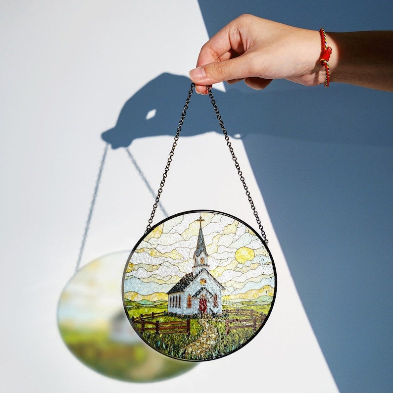 Country Church Stained Glass Suncatcher – Christian Chapel Window Hanging, Rustic Religious Faith Home Decor Gift GLASS16