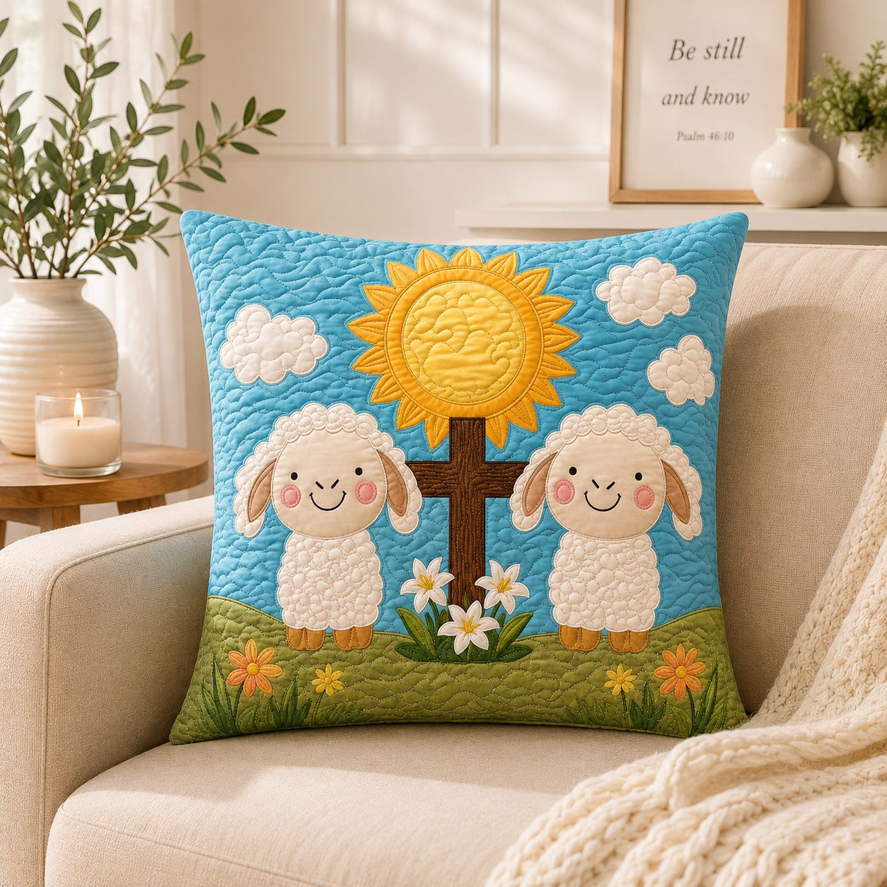 Cute Lamb Cross Quilted Pillow Case, Christian Kids Pillow Cover, Sunday School Decor, Religious Nursery Gift, Faith Home Decor QPILLOW15