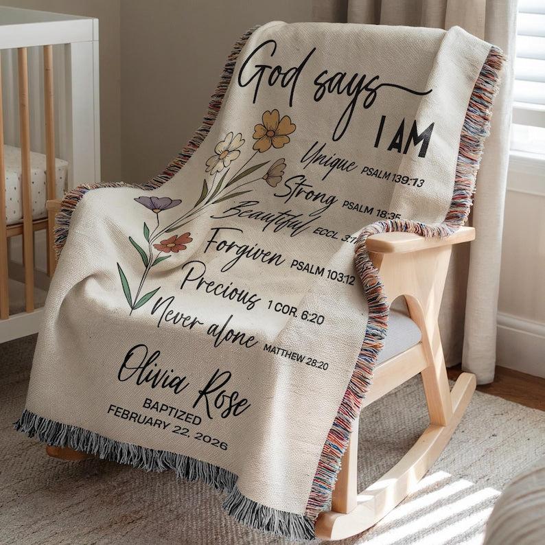 God Says I Am Baptism Blanket with Floral Design, Custom Christening Blanket, Personalized Baby Name & Date Blanket, Baby Shower Gift WBLAF16