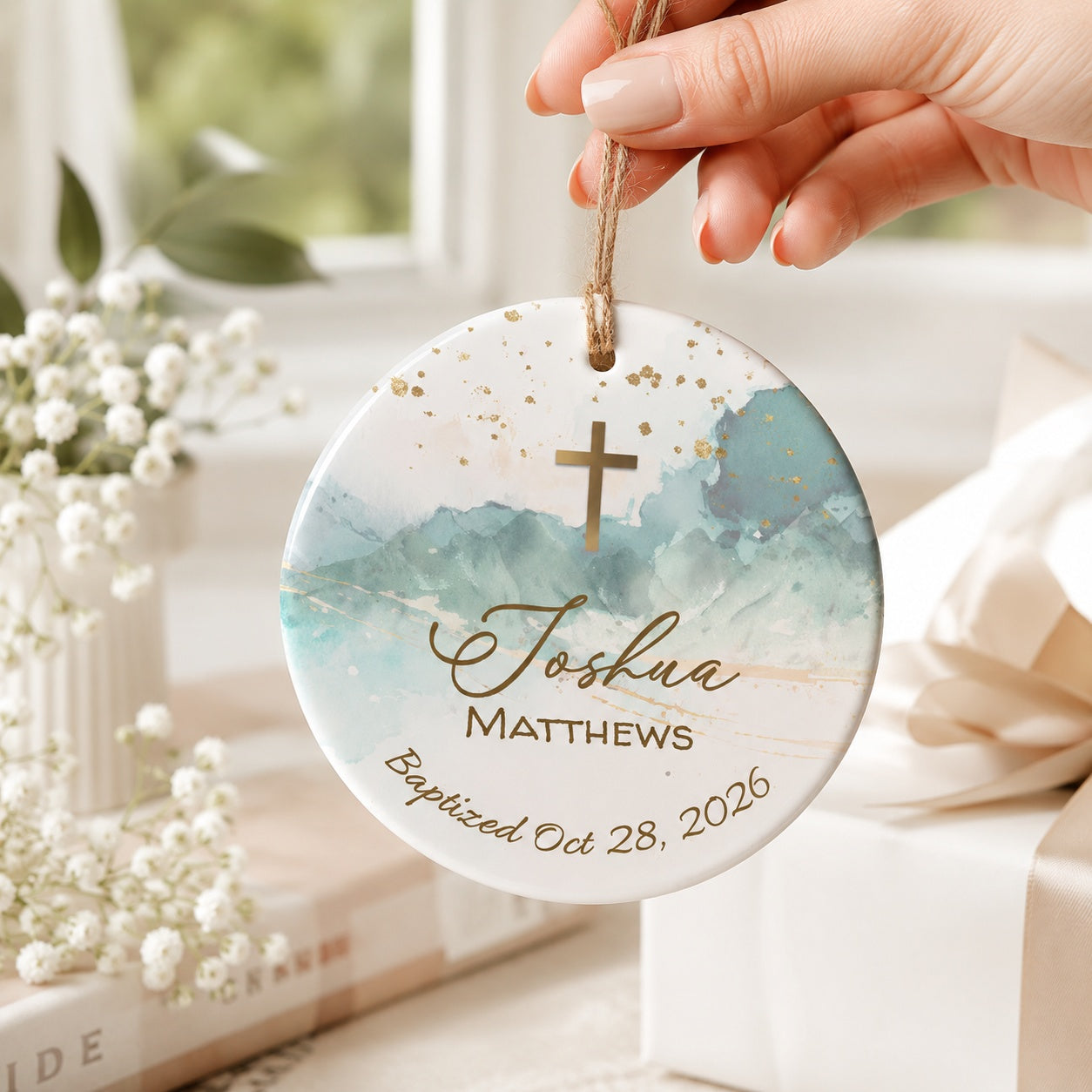 Personalized Baptism Ceramic Ornament, Custom Cross Christening Keepsake, Watercolor Blue Christian Ornament, Name and Date Baby Baptism Gift CRMO16